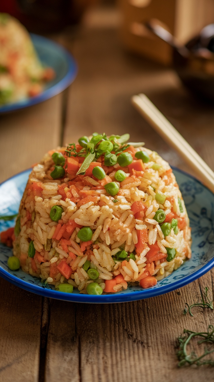 Savory Vegetable Fried Rice Recipe A colorful plate of vegetable fried rice with peas, carrots, and green onions, served on a wooden table with chopsticks.